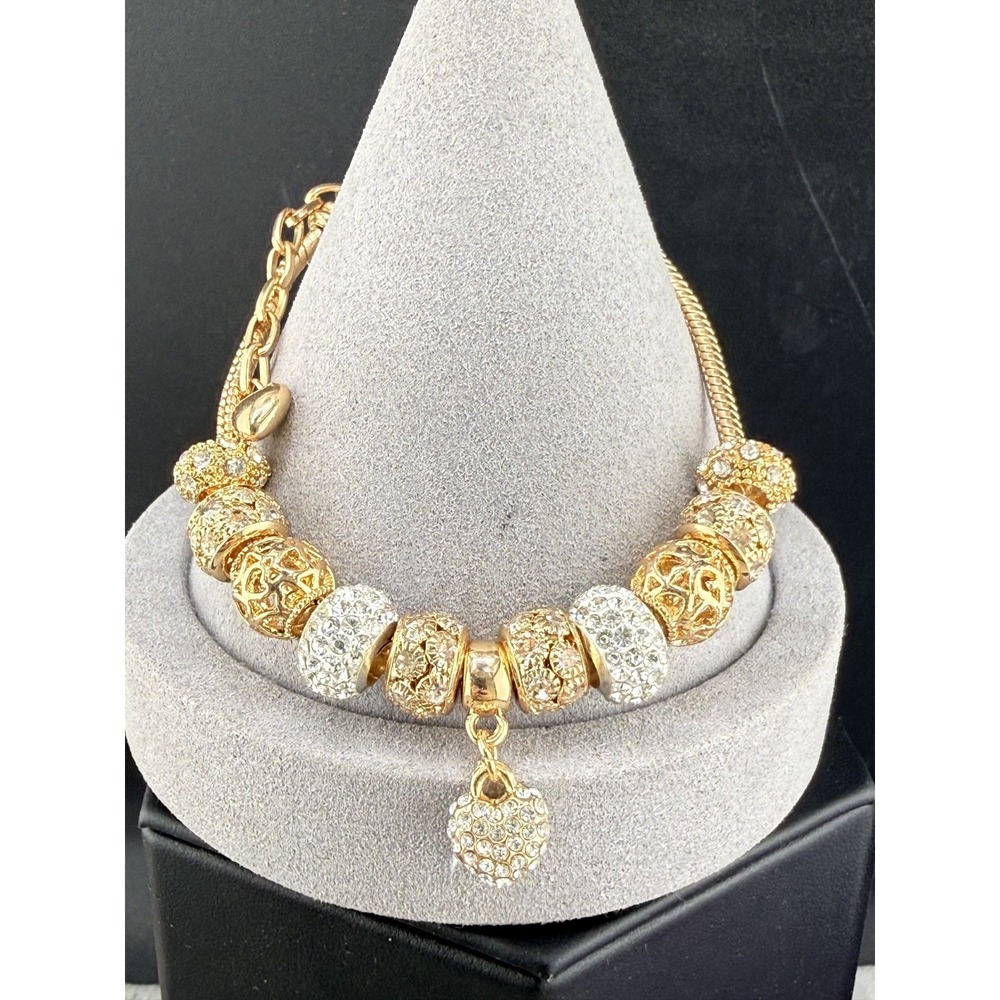 Vintage Estate Slide Charm Bracelet Gold Tone Rhinestone Heart Love 7"